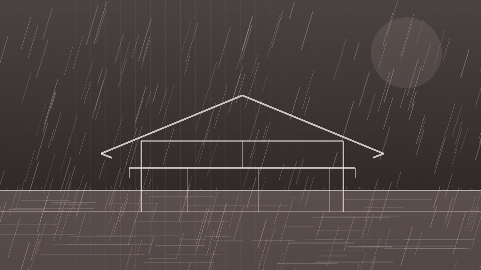 Ilustração do corte esquemático de uma casa sob chuva, com a linha da cheia subindo sobre os pilares
