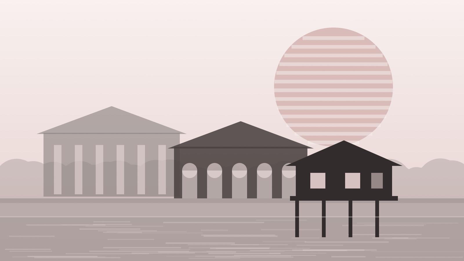 Ilustração das silhuetas do casario histórico de Rio Branco e de uma casa de madeira sobre palafitas à beira do Rio Acre