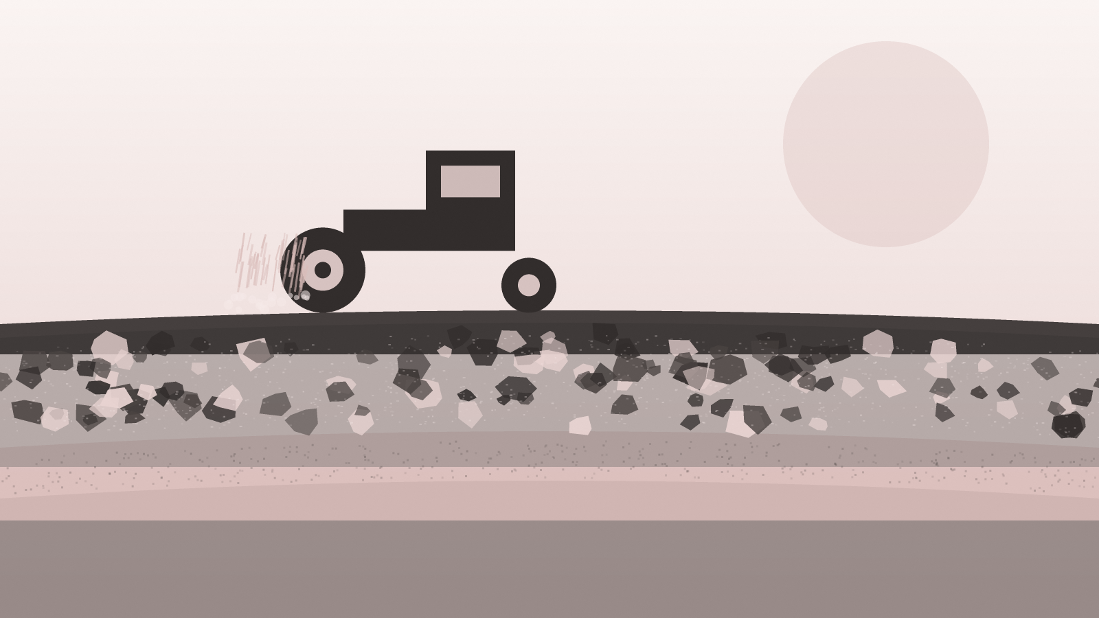 Ilustração em corte de um pavimento com base de macadame hidráulico, agregado graúdo intertravado e rolo compressor aspergindo água
